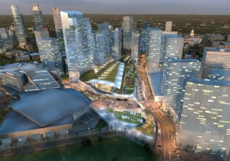 Rendering of the Multi Modal Passenger Terminal which calls for a new transit line in the Gulch