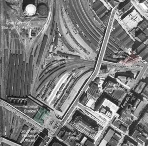 Aerial photo of the Gulch in the mid-20th century